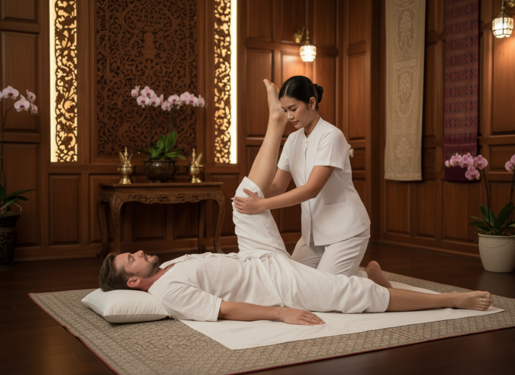 A professional Thai therapist performing a deep stretching technique on a male foreigner during a traditional Thai massage.