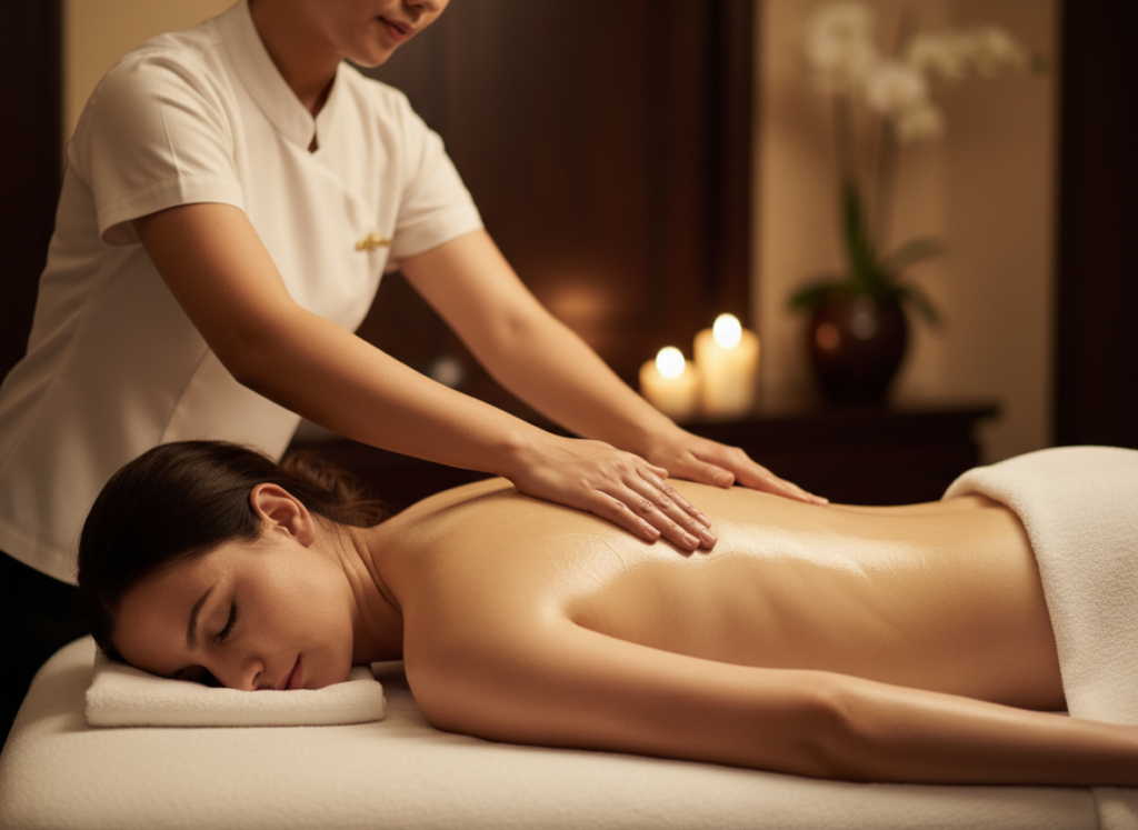 A Thai female therapist performing a Swedish massage on a female Western client in a luxury spa.