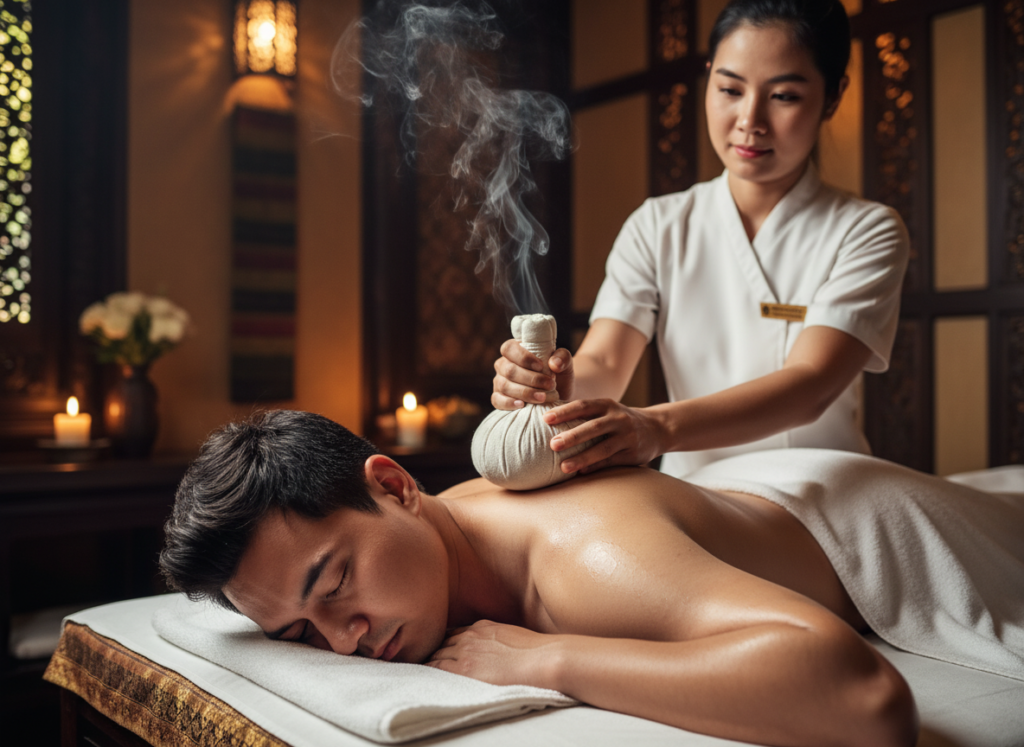 A Thai therapist using a steaming herbal compress ball on a male foreigner's back in an authentic Thai spa setting.