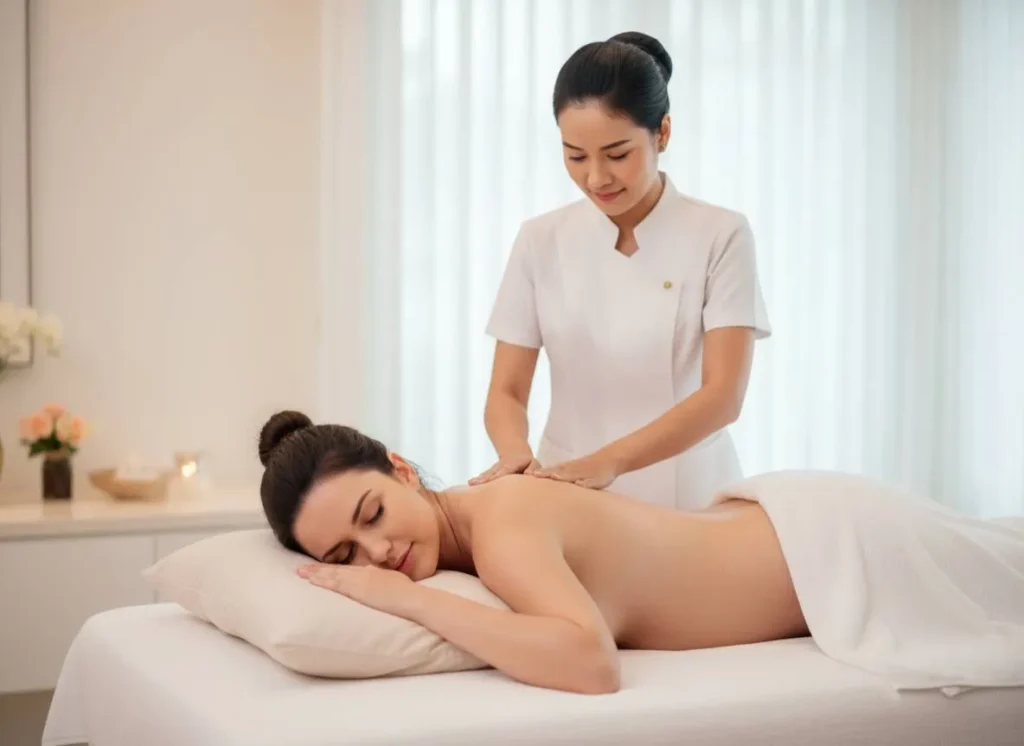 Gentle Prenatal Massage for Expectant Mothers_7_11zon A professional Thai therapist performing a gentle prenatal massage on a pregnant client lying comfortably on her side.
