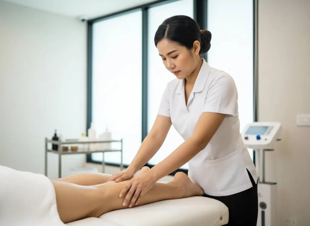 Professional Sport Massage for Recovery_18_11zon A skilled Thai therapist performing a targeted sport massage on a client's leg in a modern professional spa room.