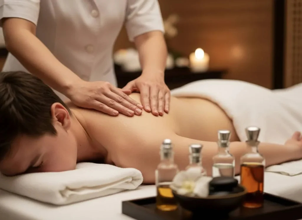 Soothing Aromatherapy Oil Massage_22_11zon A Thai therapist applying essential oils on a male foreign client with aromatic bottles in the foreground.