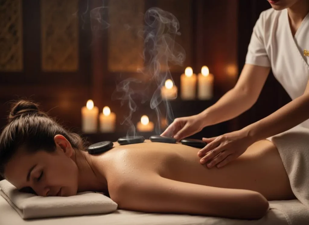 Therapeutic Hot Stone Massage_27_11zon Heated black basalt stones placed on the back of a female client with gentle steam and candlelight in a luxury spa.
